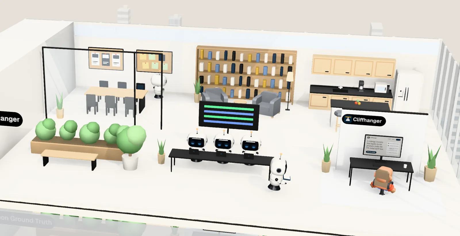 Cliffhanger’s office on floor 17 of Tower 2: the owner’s desk with the website on screen, the agents’ bench, a meeting room and a library
